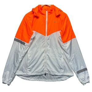 Nike Running‎ Jacket Lightweight Hooded Full Zip White Orange Reflective L RETRO